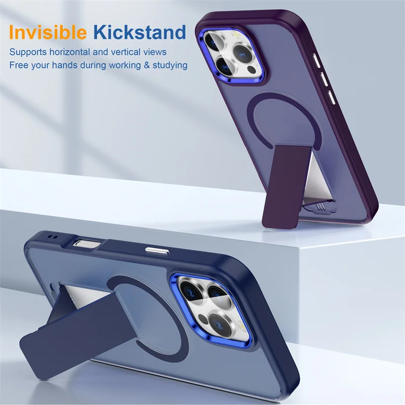 

For Magsafe Magnetic Stand Invisible Support Phone Case For iPhone 11 12 13 14 15 16 Pro Max 16 Plus Hard Matte Shockproof Cover