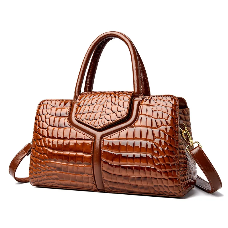 Fashion European American Vintage Crocodile Pattern Patent Leather Women Handbag Large Capacity Casual Shoulder Crossbody Bag