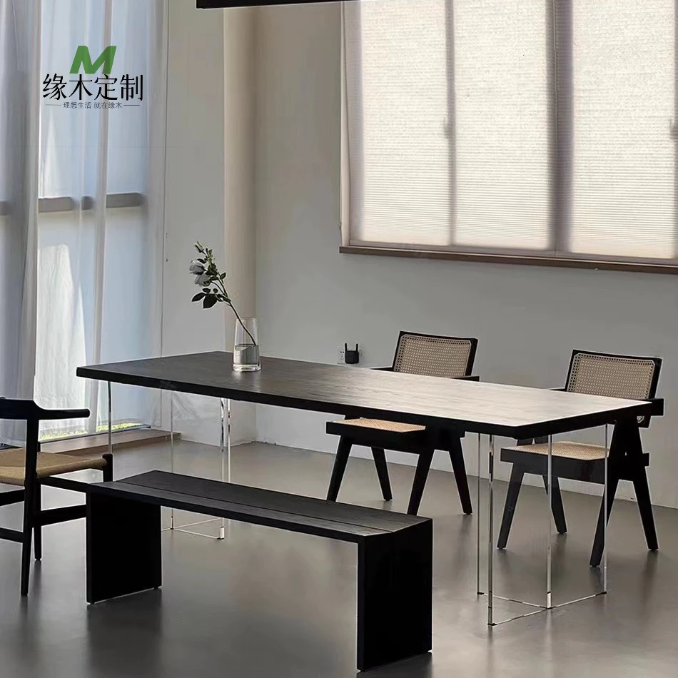 

Acrylic suspension dining table minimalist solid wood long table wabi sandy wind ash wood black large board table living room de