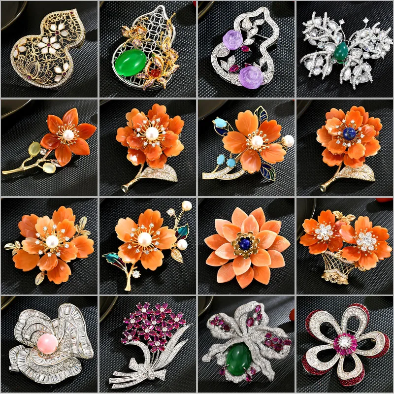 New Elegant Natural Mother of Pearl Flowers Brooch Retro Hollow Gourd Butterfly Luxury Zirconia Inlaid High-end Accessories Pins