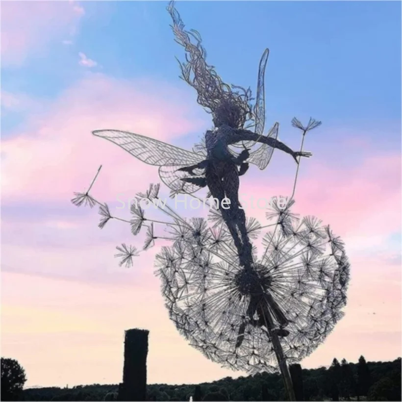 Garden Yard Dancing Fairy Statue Ornament Metal Steel Wires Miniature Pixies Figurine Dandelion Sculpture Lawn Landscape