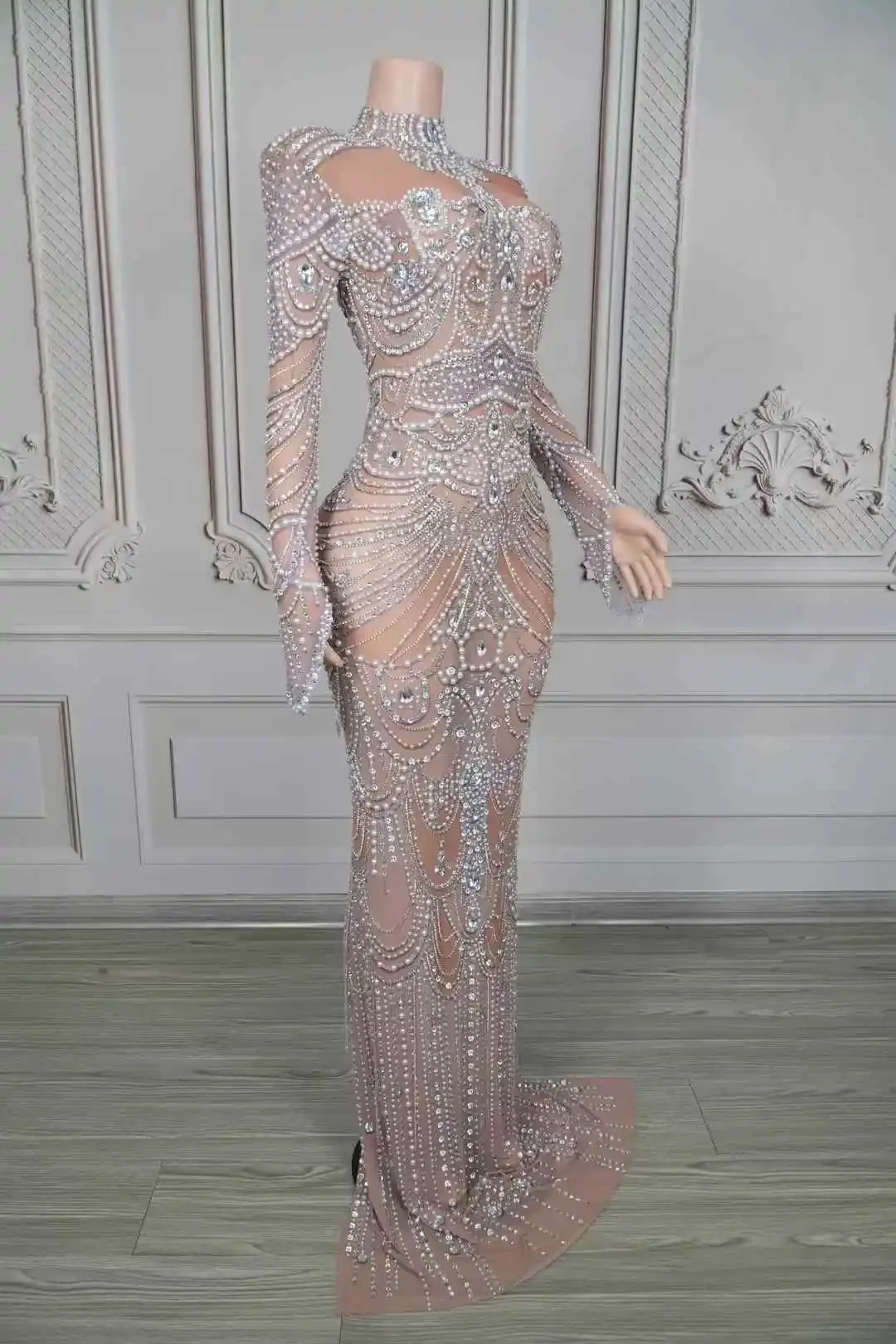 Vestido longo elegante com pérolas e cristais, vestido feminino sexy transparente de malha para noite, aniversário, comemoração de casamento, sessão de fotos