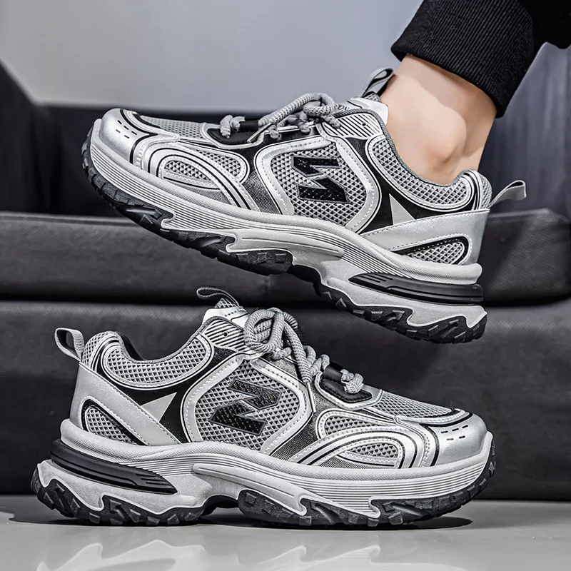 

Мужские кроссовки класса люкс 2026: дизайнерские, ретро, серебристо-белые, на платформе, сетчатые, дышащие, универсальные повседневные туфли (Zapatillas Hombre)