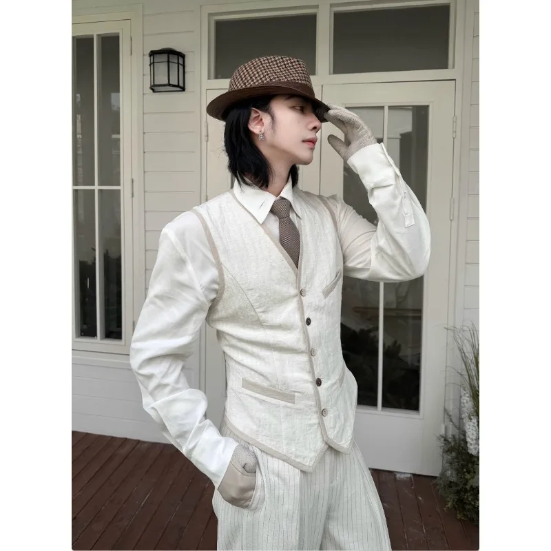 Men Spring Summer White Hemp V-neck Stacked Vest Wind Sleeveless  Vest