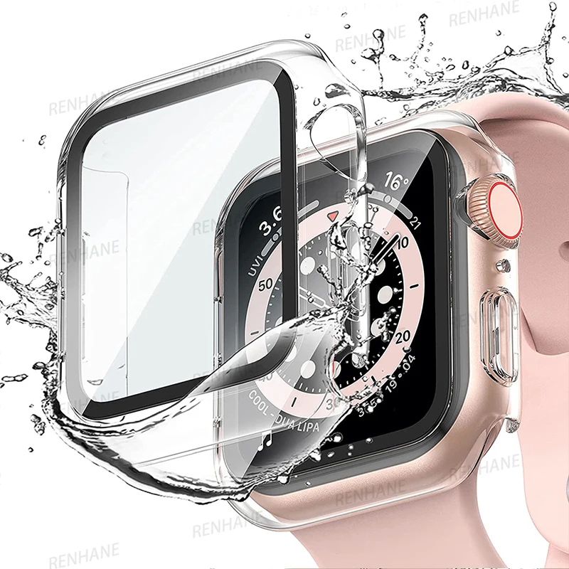 Vidrio templado+cubierta para Apple Watch 41 mm 45 mm 44 mm 44 mm 42 mm 38 mm PC PARTO PROTECTOR Caso protector Iwatch Series 6 5 4 SE 7 8 9