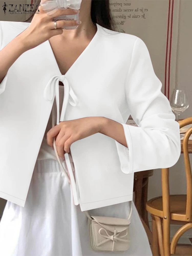 

ZANZEA Casual V Neck Shirts Lace Up Women Long Sleeve Elegant Cardigans Solid Color Commute 2025 Spring Open Front Cover-Up