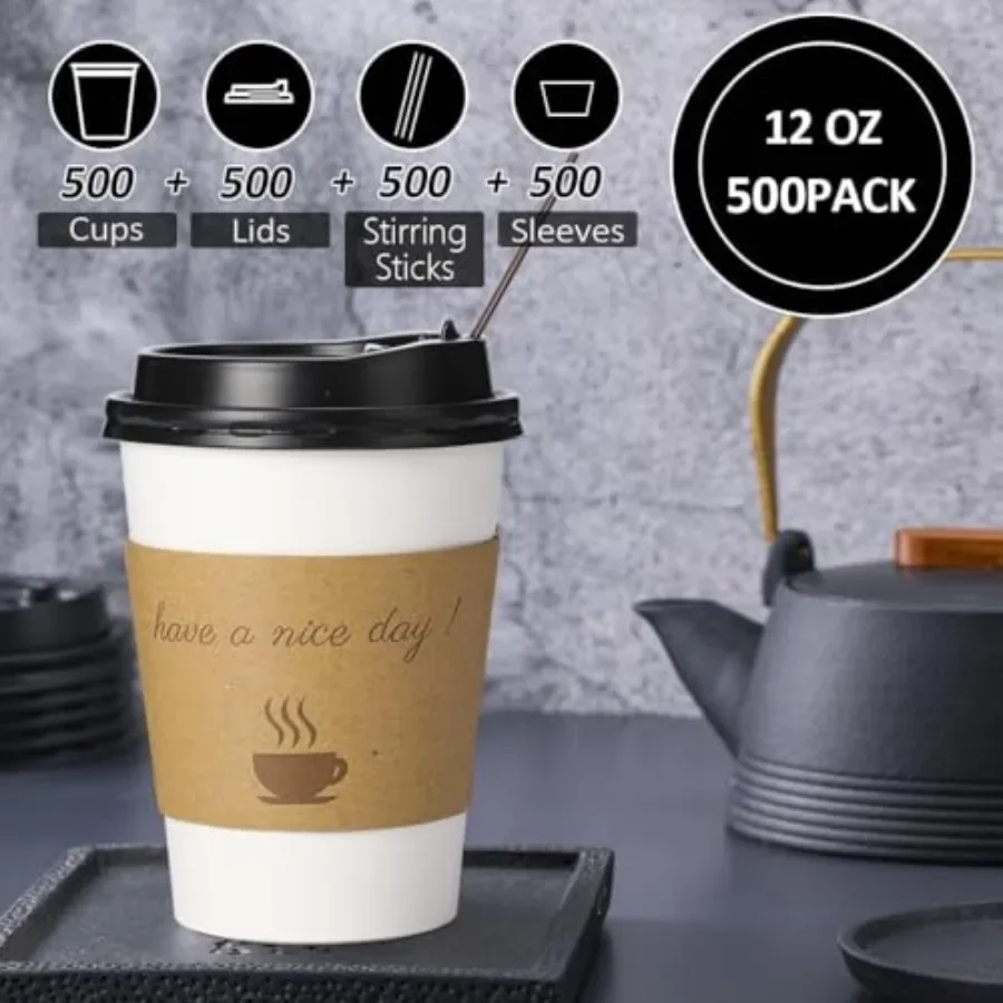 To Go Coffee Cups for Home Office Cafes and Party: 500-pack 12 oz disposable cups with lids white food-grade PP plastic leak-pr view 4