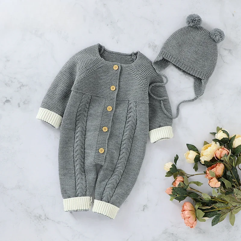 Long Sleeve Toddler Autumn Winter Overalls Children Outfits Baby Rompers Clothes for Newborn Infant Boys Girls Knitted Jumpsuits