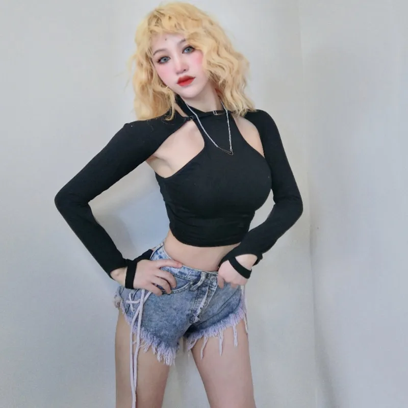 Kpop Girl Group Y2k Clothes Hollow Out Black Halter Stretch Crop Tops Outfit Concert Costume Female Pole Dancing Nightclub Wear