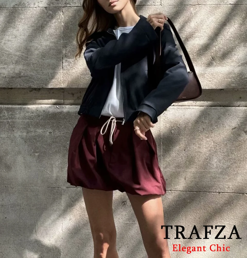 TRAFZA-Women Fashion Skirt Jacket Set Zipper Jacket Mini Lantern Skirt 2 Pieces Set New 2024 Autumn Casual Versatile Female Set