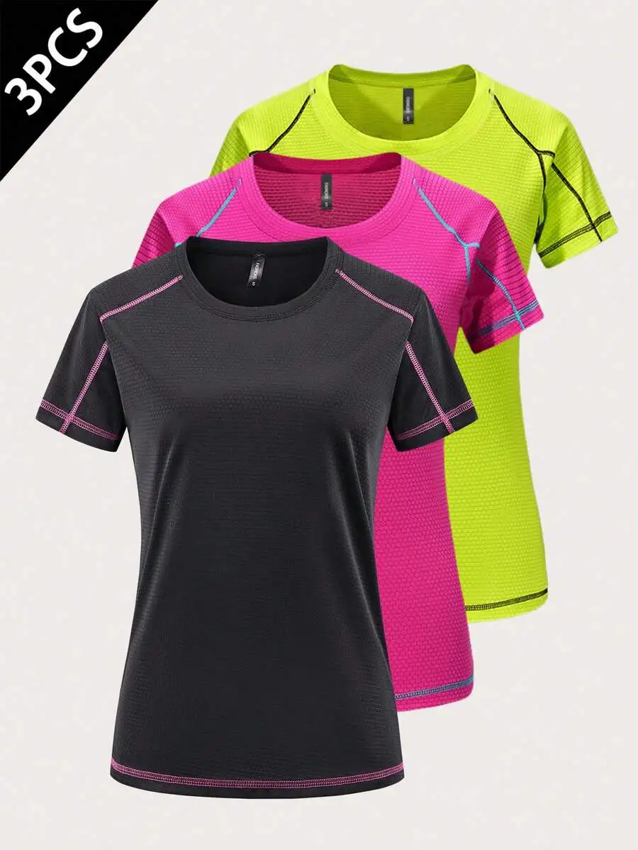

3-Pack Womens Dry Fit Stretchy Short Sleeve Crew Neck Athletic T-Shirt For Running Exercise Fitness Yoga