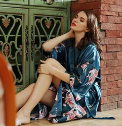 Long Kimono Bathrobe Gown Print Crane Sleepwear V-Neck Nightgown Satin Robes for Women  Intimate Lingerie Loose Loungewear