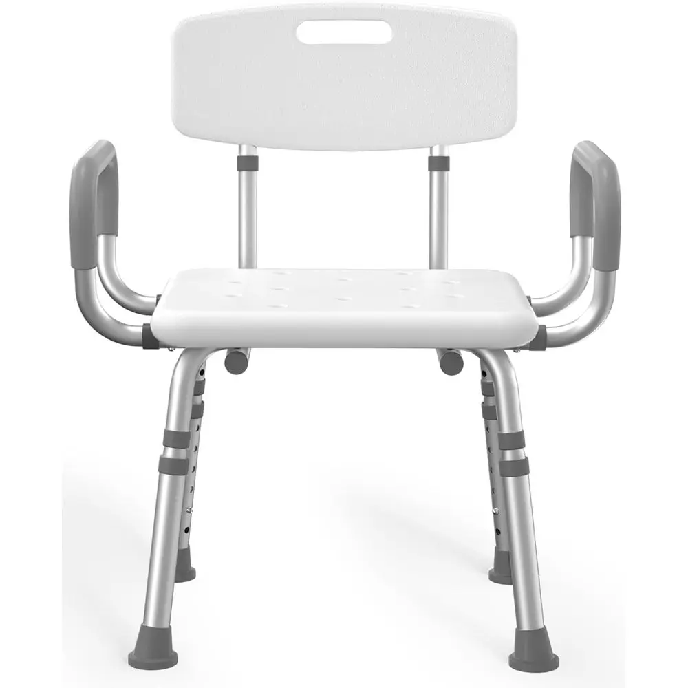 Heavy-Duty Adjustable Shower Seat with Arms and Back Support for Elderly, Adults, and Disabled, White