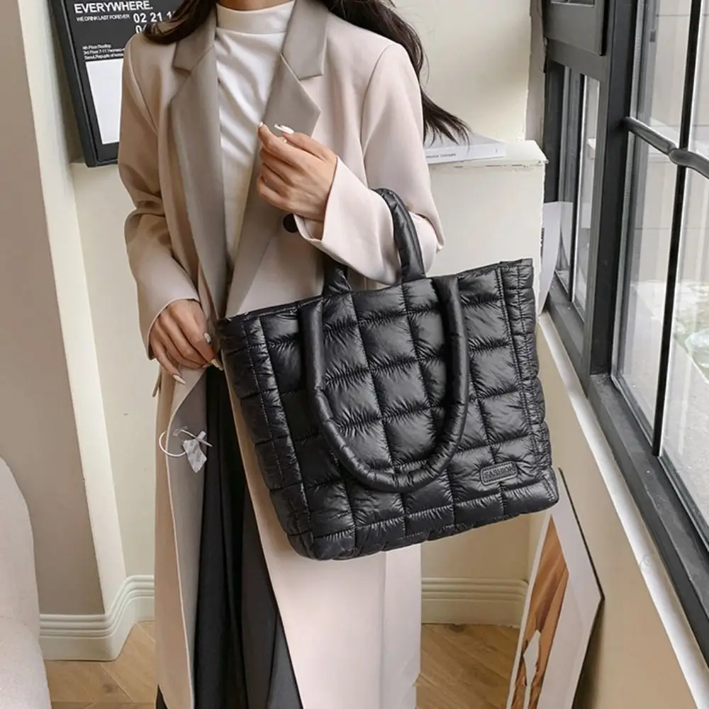 Large Capacity Puffer Tote Bag Korean Style Padded Cloud Shoulder Bag Quilted Down Solid Color Space Cotton Handbag Shopping