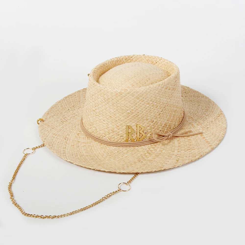 Luxury Designer Chain Straw Hats For Women Handmade Raffia Sun Hats Summer Shade Beach Hats Ladies Party Cap