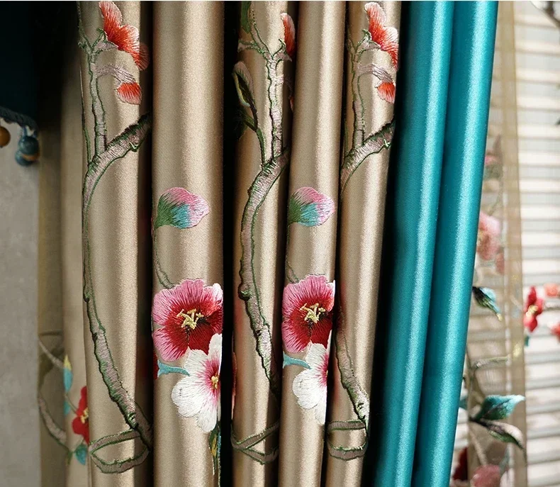 New Chinese Relief Peony Embroidered Window Gauze Champagne Patched Curtains For Living Room Bedroom French Window