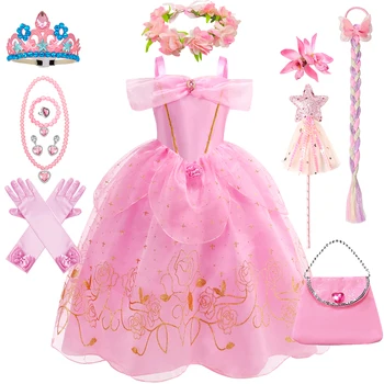 Halloween Sleeping Beauty Pink Princess Aurora Dress Girls 2-10 Yrs Gold Stamping Rose Printing Party Costume Kids Elegant Gown