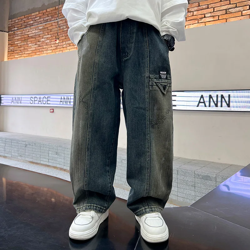 Vintage Blue Kids Wide Leg Distressed Jeans for Teens Boy High Fashion Streetwear Denim Pants Tweens Child Retro Jeans Trousers