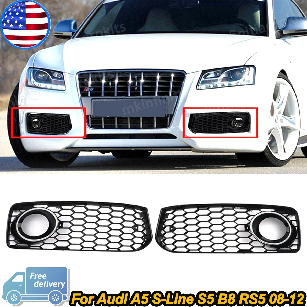 

MAGICKIT 1 Pair of Fog Light Grille Fit for Audi A5 S-Line / S5 B8 RS5 2008-2012 Black+Chrome Ring CAR Accessories Tools