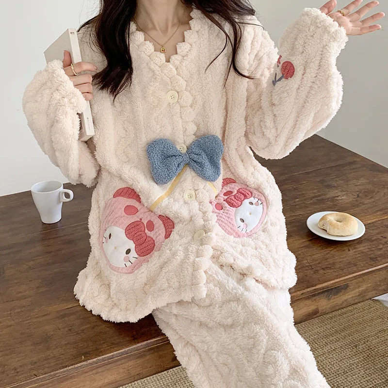 Kawaii Hellokitty Cute Pajamas Set Woman Anime Cartoon My Melody Student Autumn Winter Flannel Warm Home Wear Nightgown Suit New