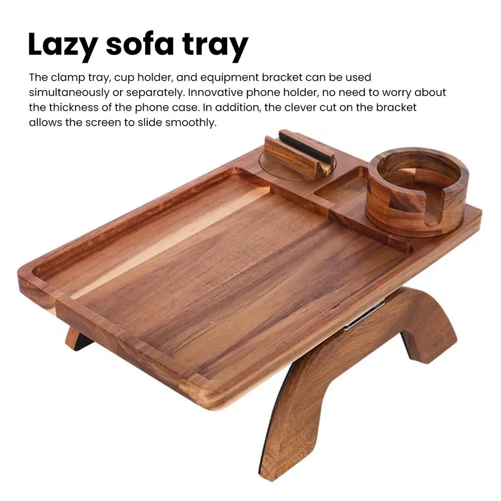 Couch Arm Tray Bamboo Couch Tray Clip-on Sofa Food Tray with Cup Holder Phone Mount for High Stability Minimalist Style 3-in-1