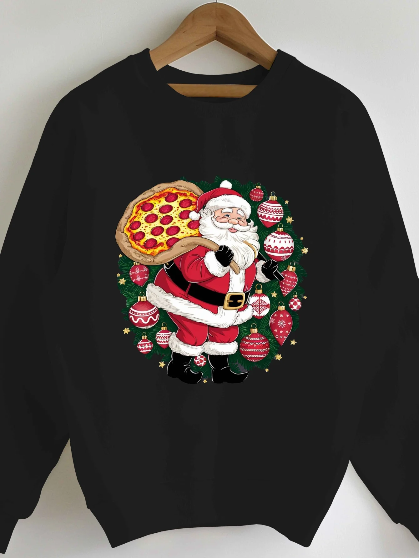 1Pc Festive Christmas Casual Sweatshirt for Women, Plus Size Polyester Santa Claus with Pizza Print, Long Sleeve Round Neck Pull