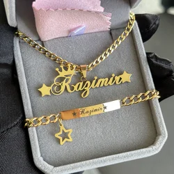 DHQH New Custom Children's Name Bracelet Necklace Set Stainless Star Name Pendant Necklace Thick Cuban Chain Necklace Bracelet