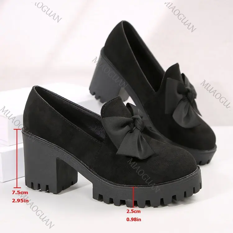Black Suede Women's Loafers, Round Toe With Bow, Slip-on, Thick High Heel_voghion.com