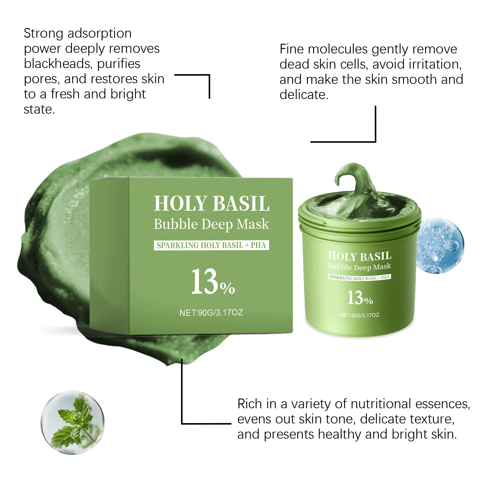 Holy Basil Bubble Mud Mask Deep Cleansing Oil Control Shrink Pores Brightening Hydrating Blackhead Removal Smoothing Fcial Mask