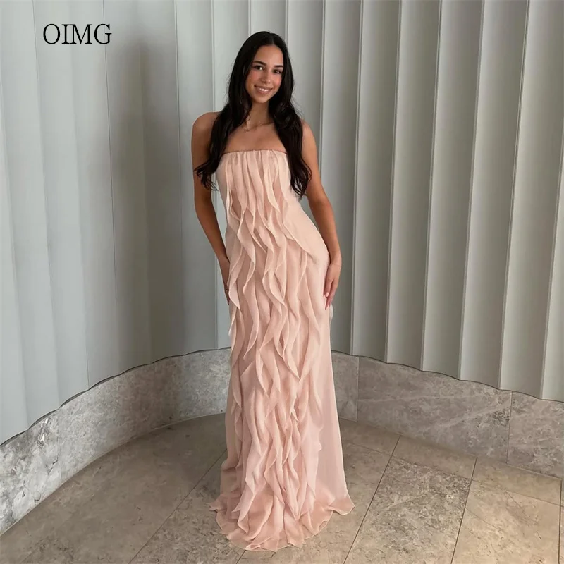

OIMG Nude Pink Strapless Mermaid Prom Gowns Backless Ruffled Party Gown Floor Length Party-perfect Evening Dress Customized