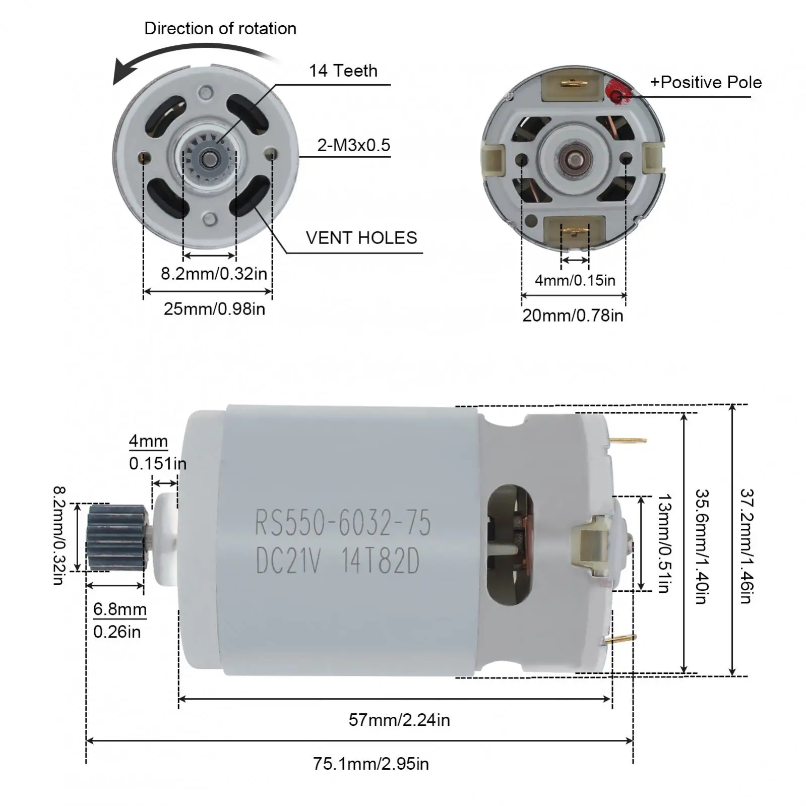 RS550 DC Motor 21V 25000RPM Electric Saw Micro Motor for Reciprocating Saw with 8.2mm 14Teeth Gear, RS550 Micro DC Motor