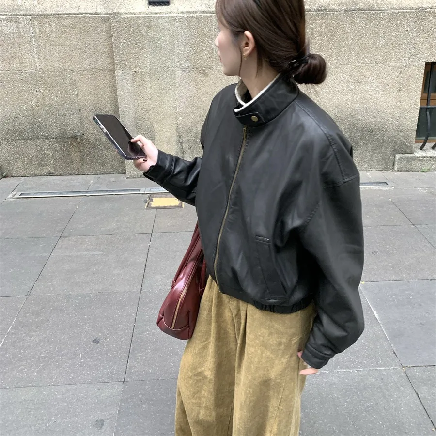 ملابس خارجية نسائية أنيقة أمريكية للدراجات النارية Sle Jaet Thiened من فراء الأرانب ملابس داخلية فضفاضة ودافئة ملابس خارجية طويلة بسحاب للإغلاق