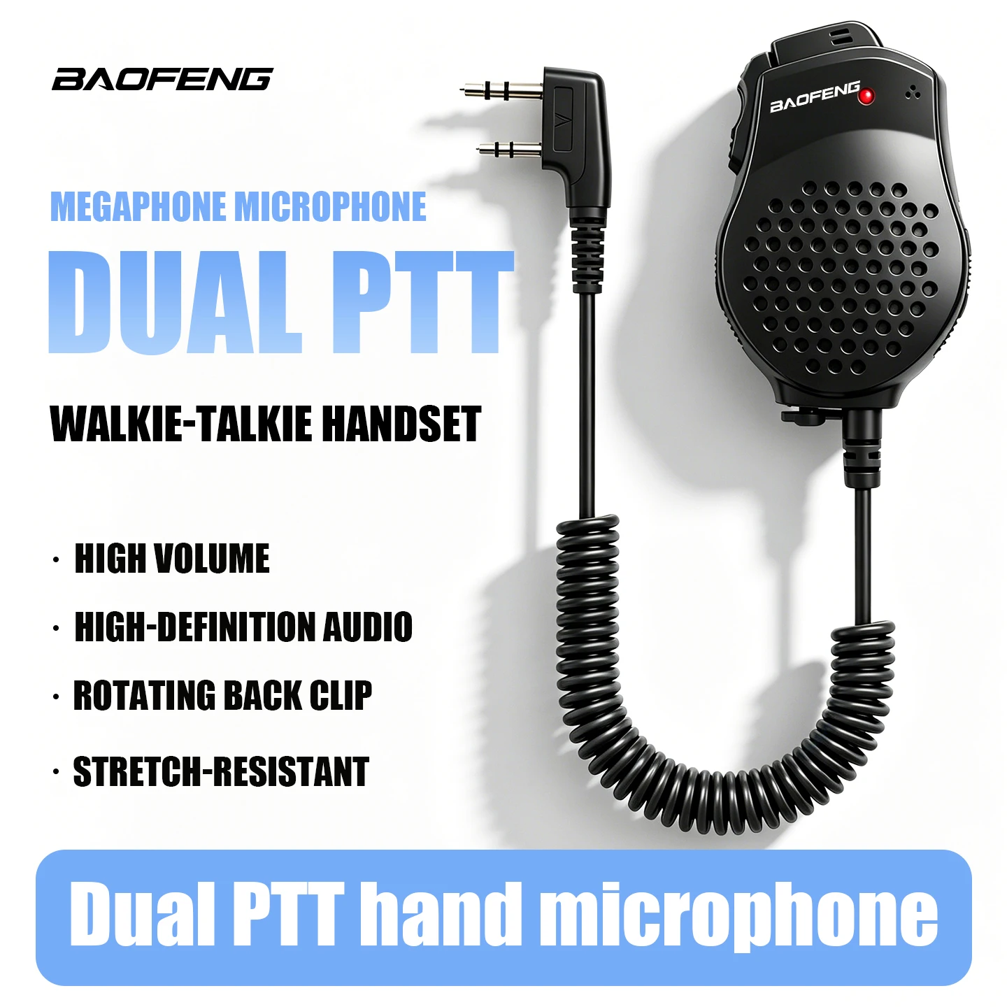 Baofeng Walkie-Talkie Dual-Transmitting Handheld Microphone, Shoulder Microphone, with Indicator Light, Back Clip, and Rotatable