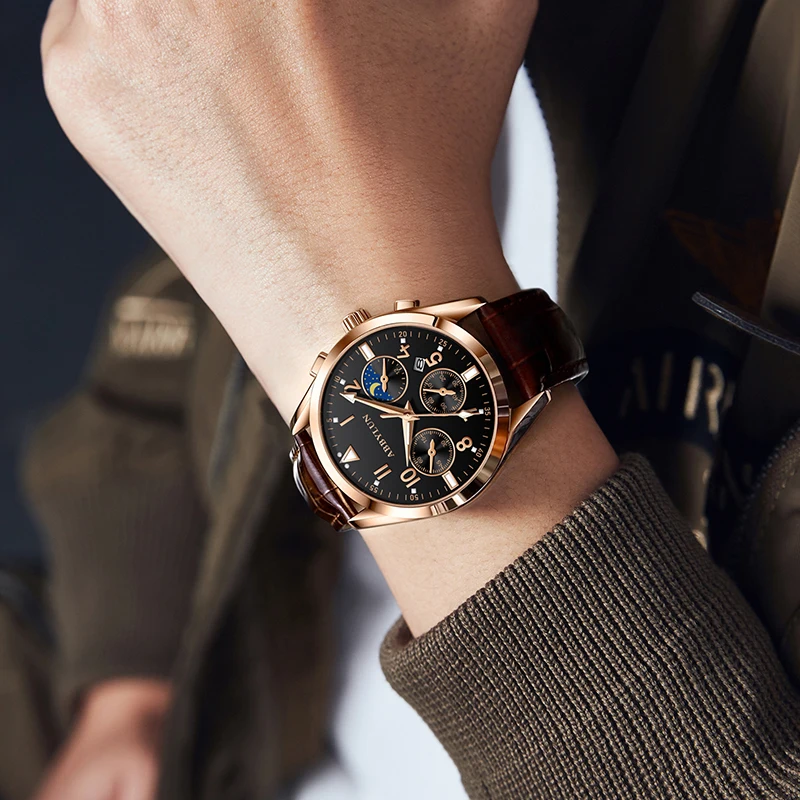 Abbylun นาฬิกาควอทซ์สำหรับผู้ชาย, นาฬิกาข้อมือ816คลาสสิกกันน้ำมัลติฟังก์ชั่นโครโนกราฟลำลอง