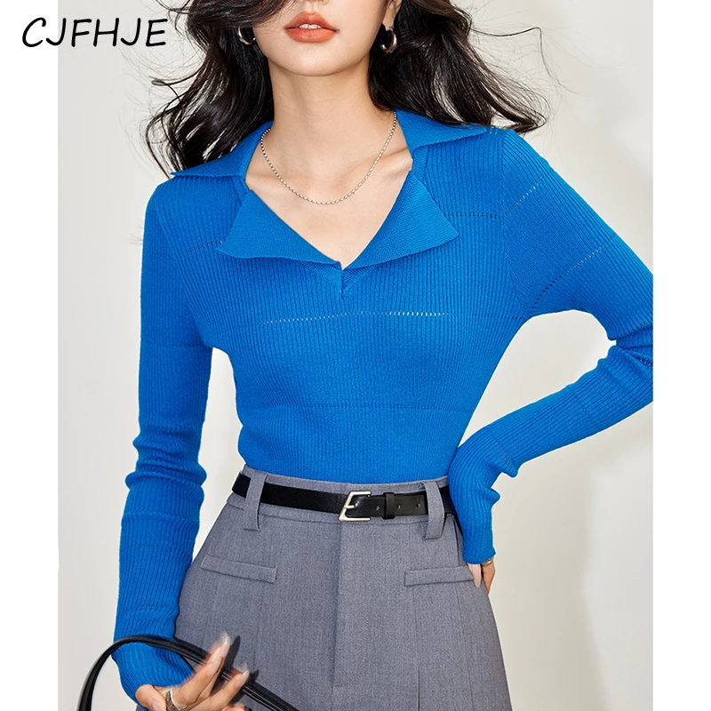 CJFHJE New French Fashion Design Women's Contrast Stripe V-neck Knitwear Top Korean Classic Slim Fit Women Long Sleeved Knitwear