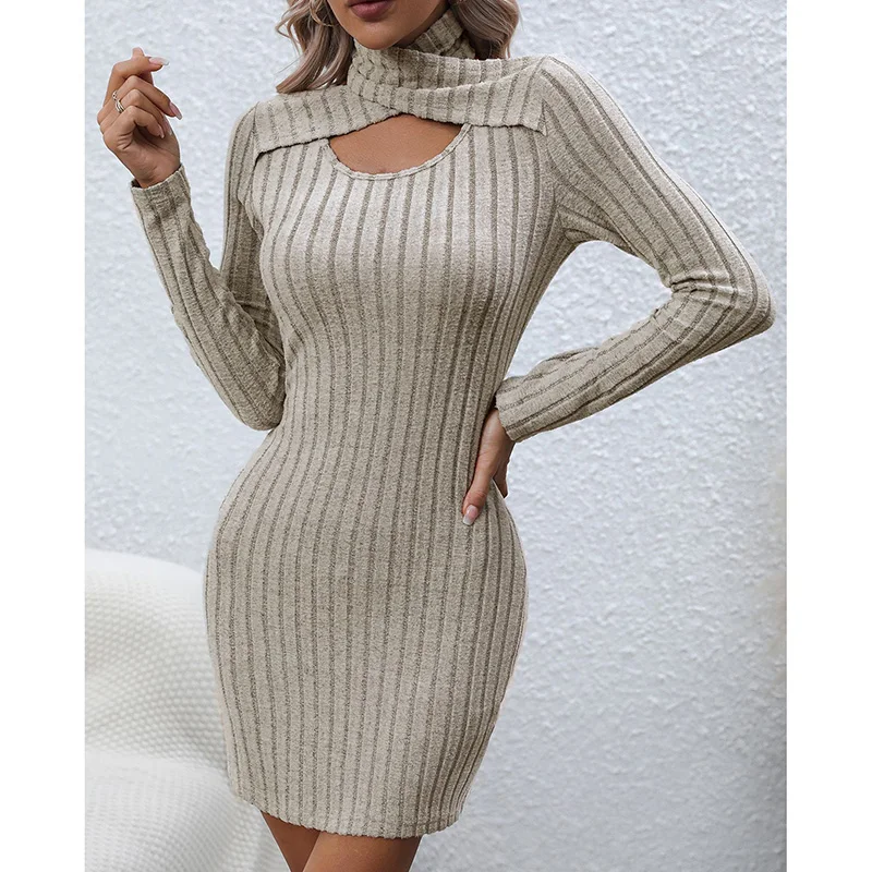 

Elegant Long Sleeved Waistband Threaded Buttock Autumn Scarf Collar Hollow Out Pullover Crumpled Bag Hip Midi Dress for Women