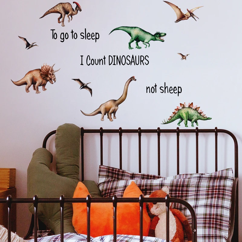 Cartoon Funny Animal Dino Vinyl Wall Decals 'Go to Sleep Count Dinosaur Not Sheep' Quotes Stickers Home Decoration for Kids Room