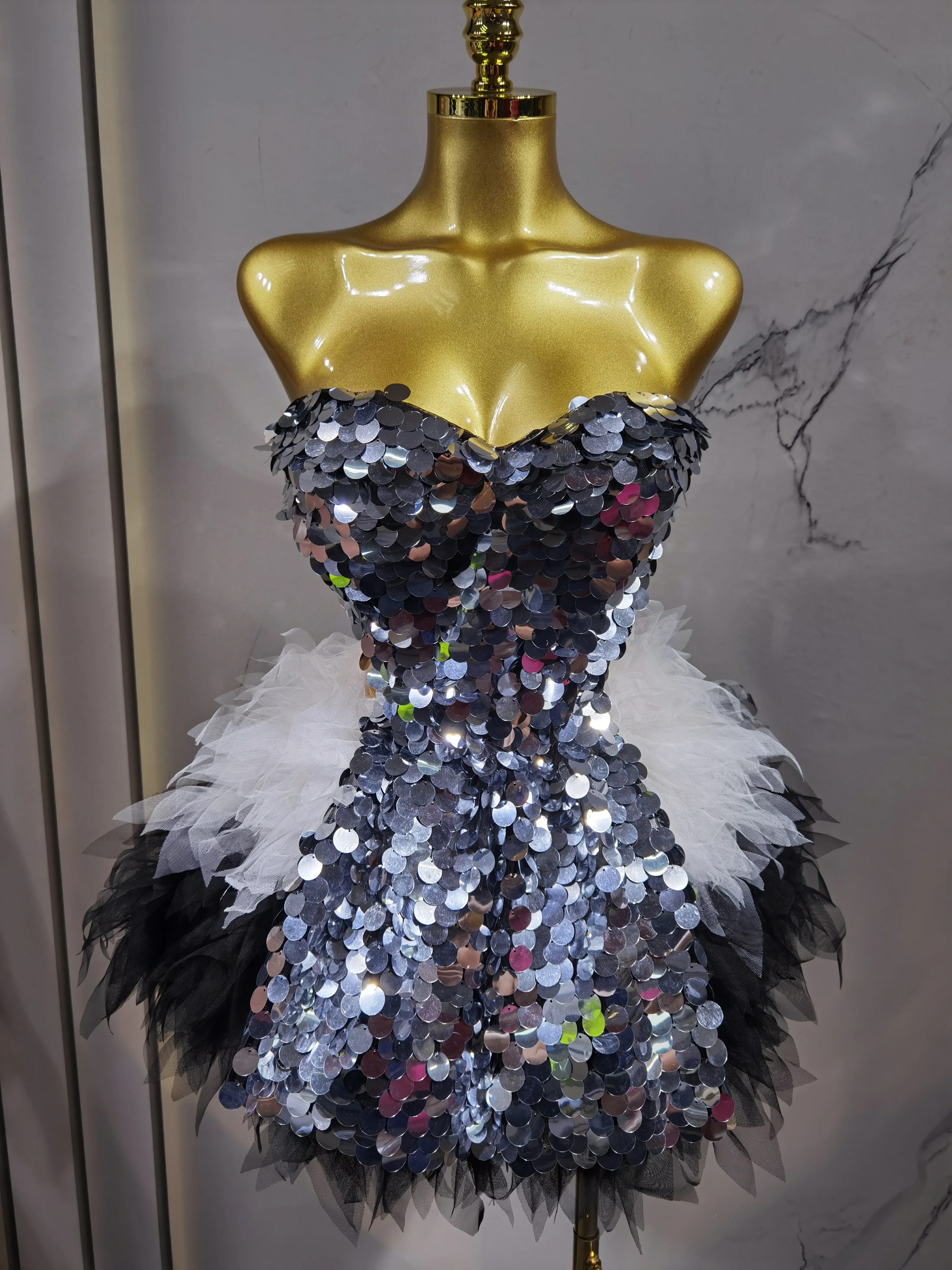 Sparkly Black Sequins Two Pieces Set for Women Party Evening Prom Celebrate Birthday Photo Shoot Dress Nightclub Dance Costume