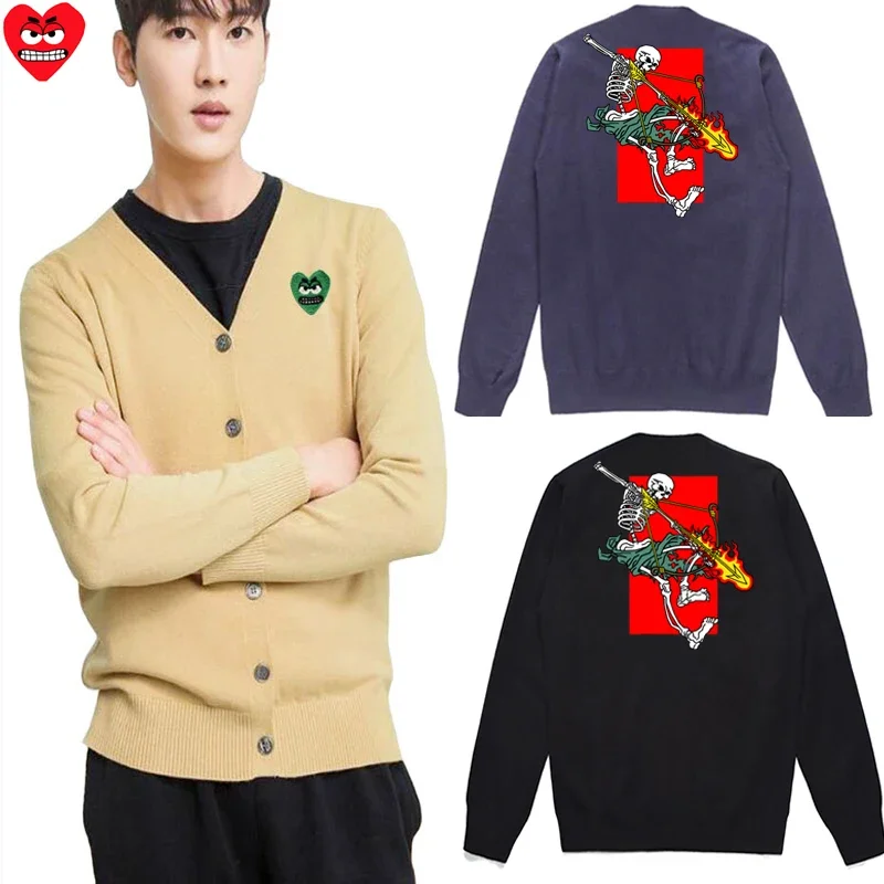 Break Egg Men V-neck Cardigan Cotton Ant Embroidered Colorful Multi Heart Printed Single Breasted Long Sleeve Autumn Sweater