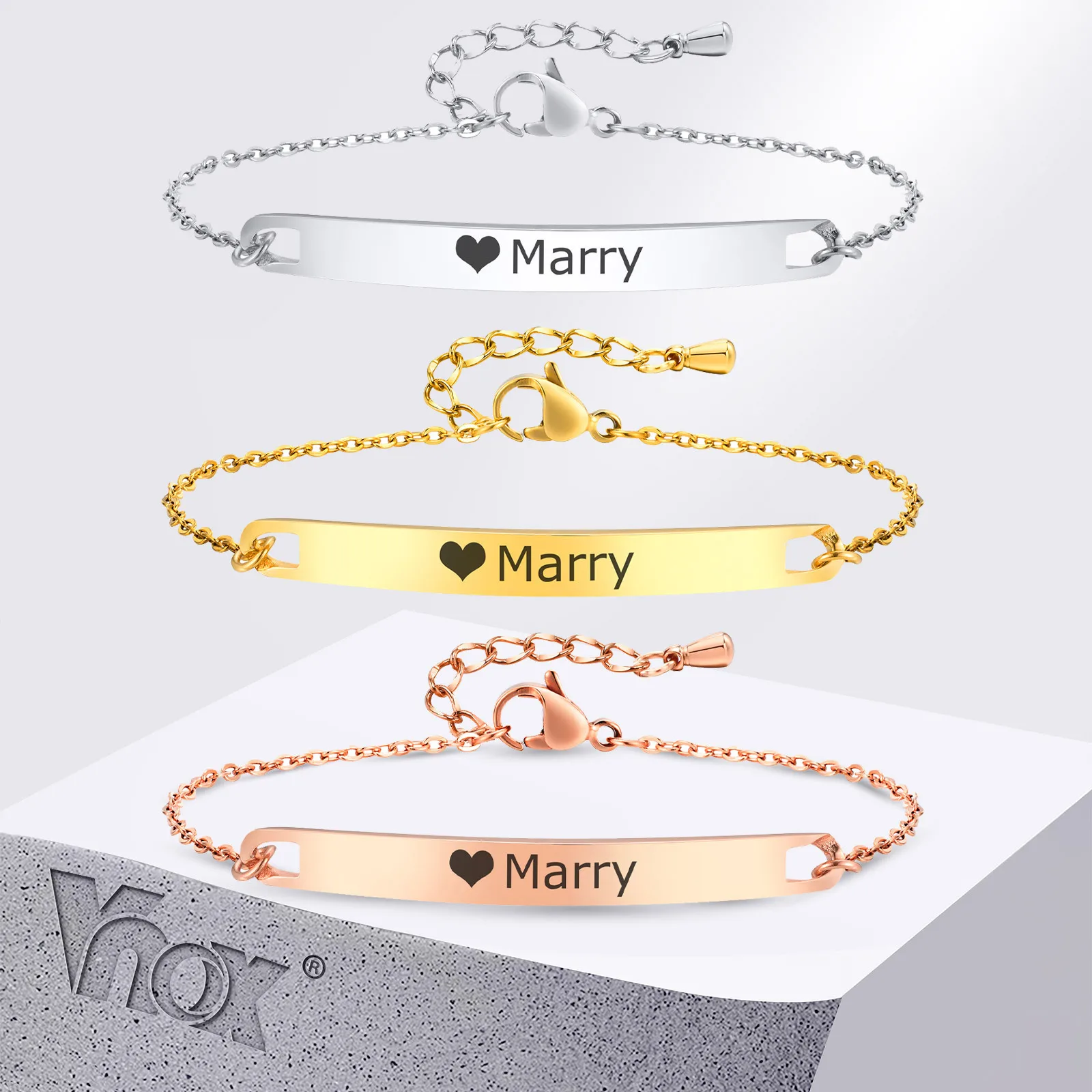 Vnox individuelle Armbänder aus Edelstahl für Damen, kostenlose Gravur, Datum, Geburtstagsgeschenk für Sie, personalisierter Schmuck, 16–19 cm