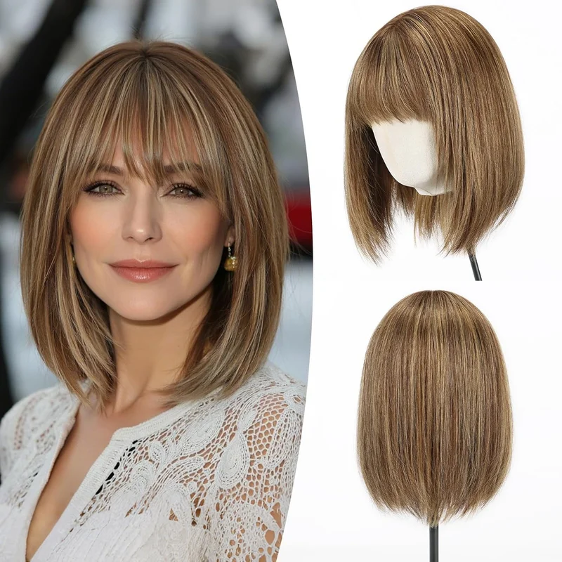 10 Inch   Human Hair Bob Wigs with Bangs Blonde Mix Brown None Lace Wigs