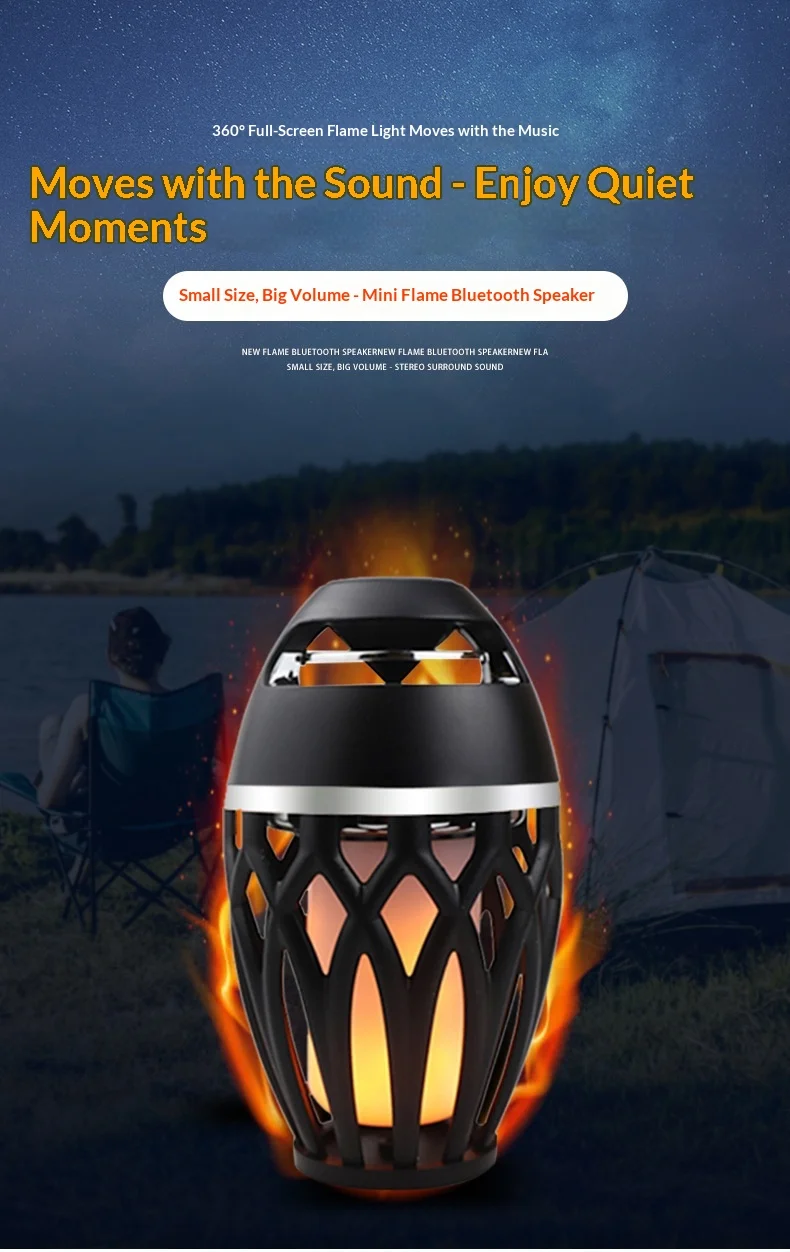 Portable Bluetooth Flame Speaker with LED Torch Bass Sound Audio Portable IPX5 Waterproof for Camping Outdoor Home Party