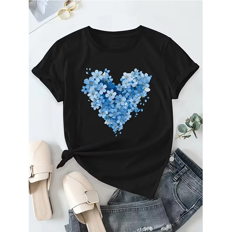 

Женская синяя футболка с коротким рукавом и цветочным принтом в виде сердца, всесезонные футболки с круглым вырезом, женские повседневные готические уличные одежды Y2k