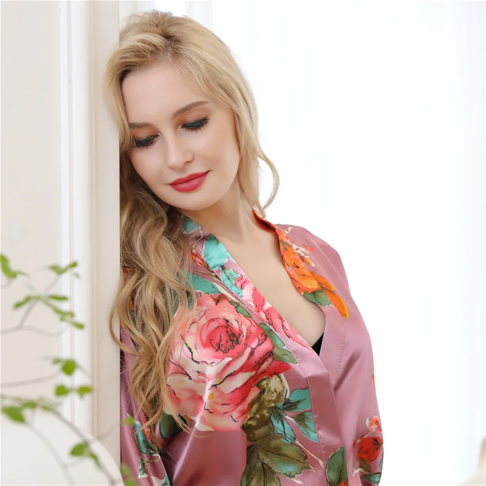 Women Stain Floral Printing short sleeve Belted Lounge Robe Comfortable stain pajamas