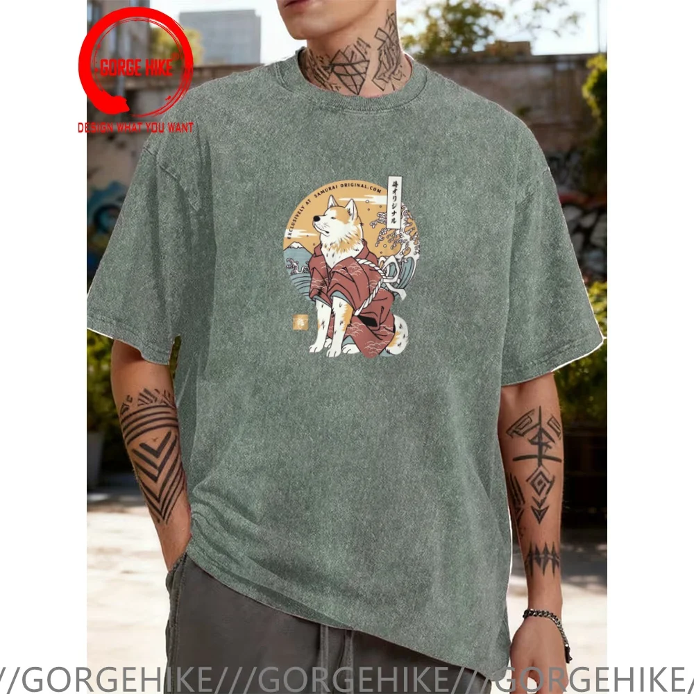Vintage Washed Cotton T-Shirt Funny Designer Shiba Inu Dog Akita Samurai T Shirt Men Fashion Trendy Casual Clothing Stylish Tops