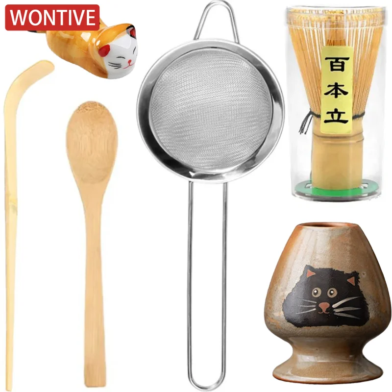 

1/6 Pcs Printing cats Matcha Whisk Set Practical Matcha Kit with Whisk Holder Matcha Whisk Sifter Tea Scoop and Tea Spoon