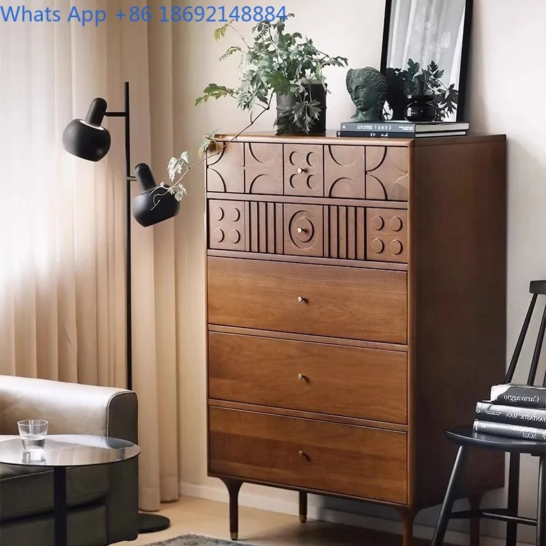 Vintage Solid Wood Chest of Drawers Living Room Bedroom Storage Cabinet Nordic Carved Design Five Drawer Unit Bedside Furniture