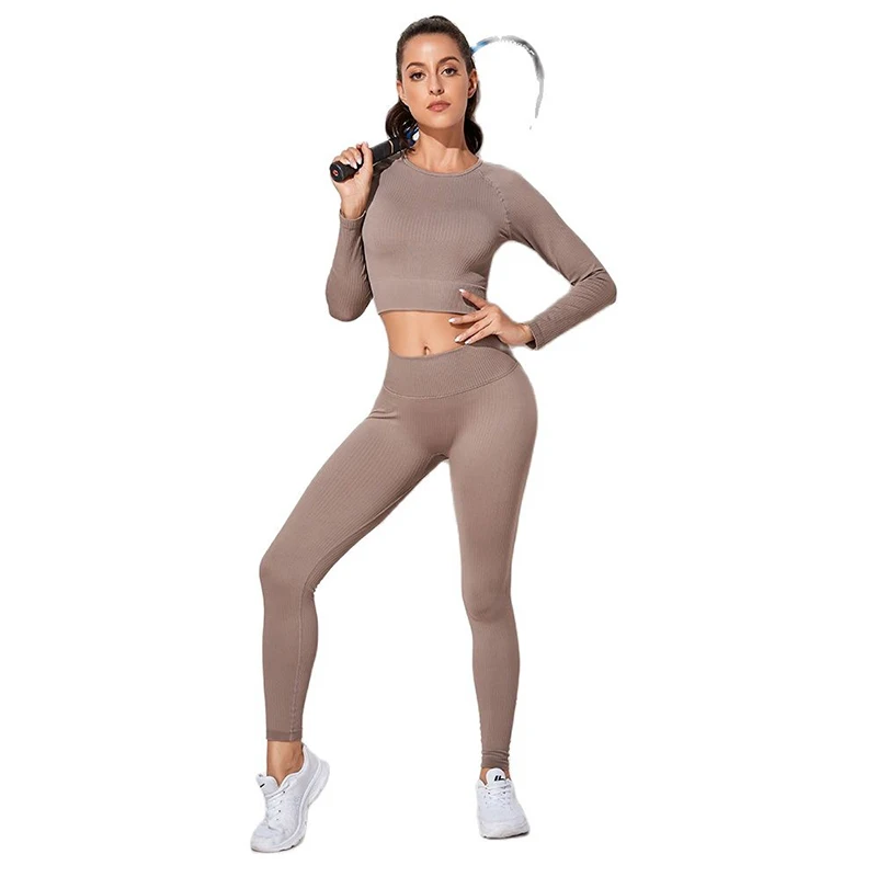 Ropa deportiva para mujer, conjuntos de Yoga acanalados sin costuras, ropa de entrenamiento de manga larga, leggings deportivos de cintura alta, Top