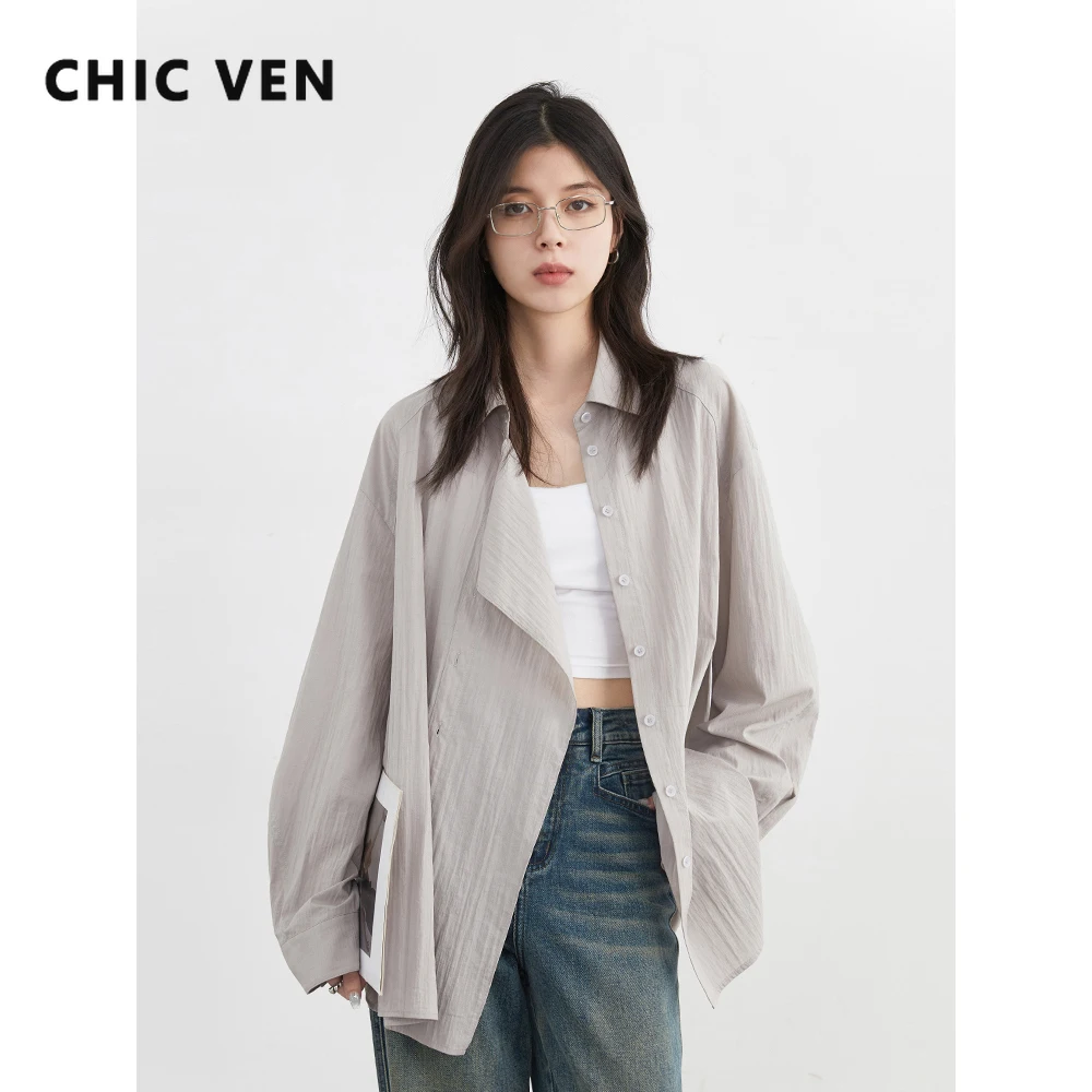 

CHIC VEN женская рубашка корейская повседневная однотонная свободная асимметричная однобортная блузка с длинными рукавами женское тонкое пальто весна-лето 2025