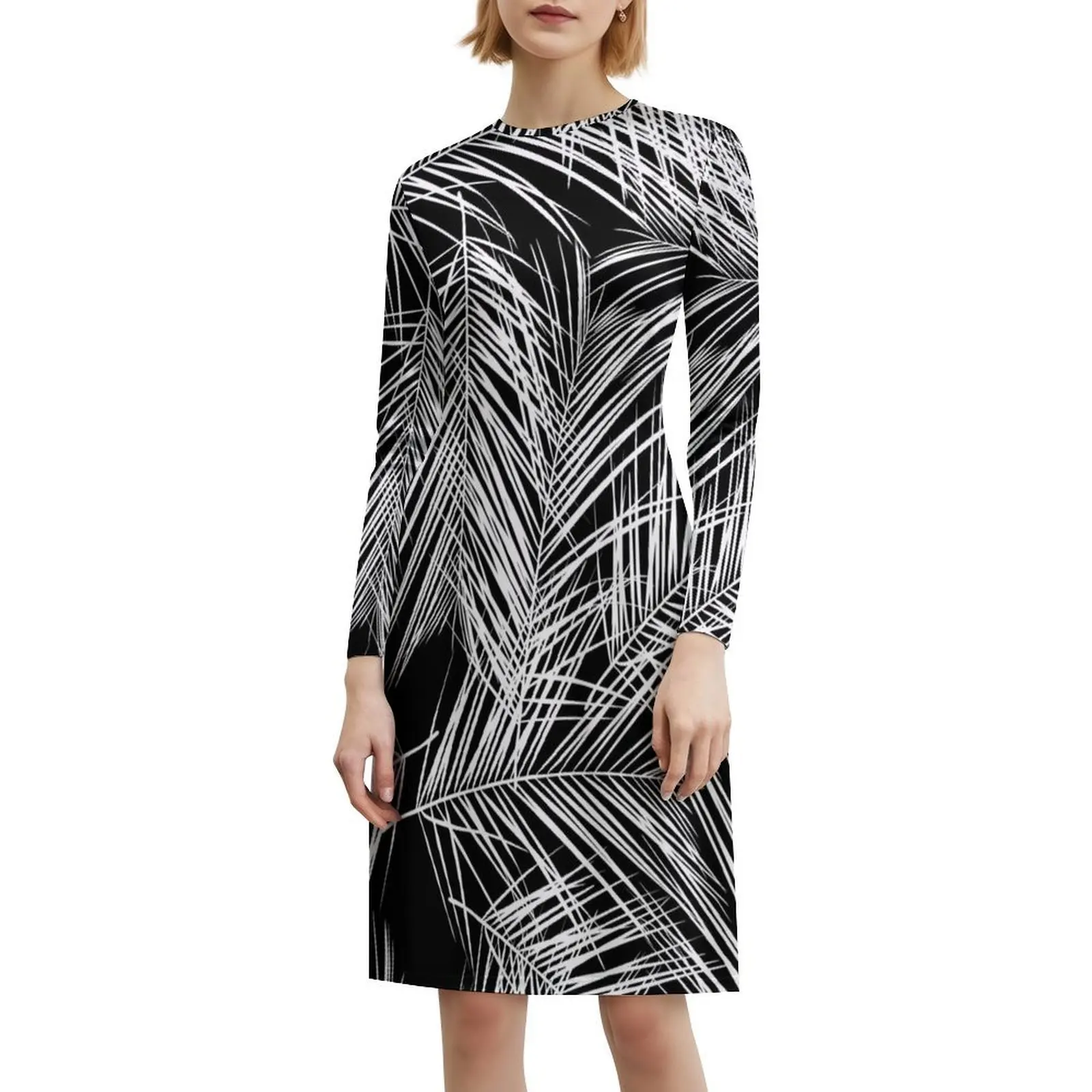 خلفية الصيف الاستوائية المرسومة يدويًا: فستان قصير على طراز Preppy باللون الأسود والأبيض للنساء على شكل حرف A فستان يوم كاجوال فضفاض مناسب #6